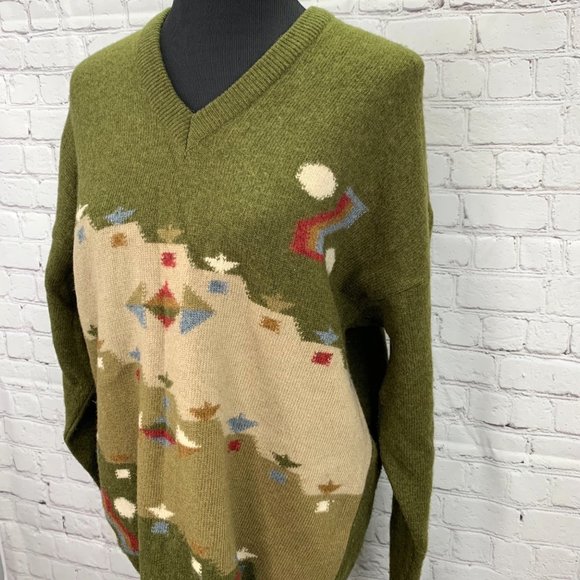 Vintage Aztec Tribal Sweater size L Olive Green V-Neck Wool 105 cms - Picture 2 of 4